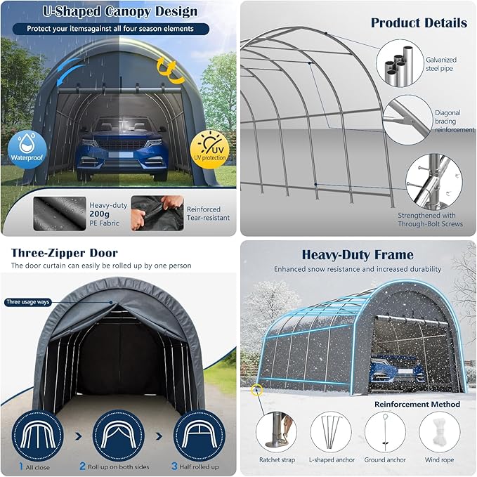 12x20 FT Anti-Snow Carport, Heavy-Duty Portable Garage with Steel Frame & Vented Roof, Removable Double-Zipper Door, Waterproof Outdoor Storage Shelter for Trucks, Boat, Easy Assembly, Grey