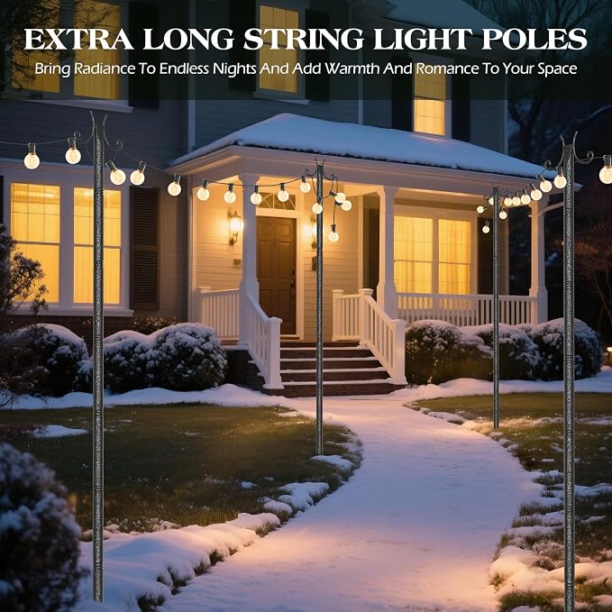 StarryEver 6 Pack Outdoor String Light Poles, Metal Lights Hanging Pole with 2 Hooks and Rustproof, for Patio Garden Deck Backyard Lawn Sunshade and Decor