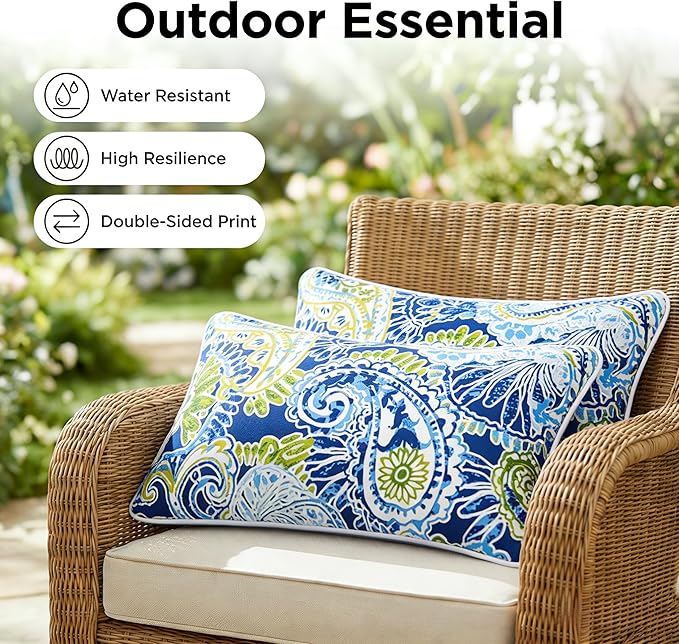 JMGBird Lumbar Support Pillow Set of 2 - Paisley Pattern Water-Repellent Cushions with Insert for Office Chair, Car Seat, Outdoor Furniture, 12x20 Inch