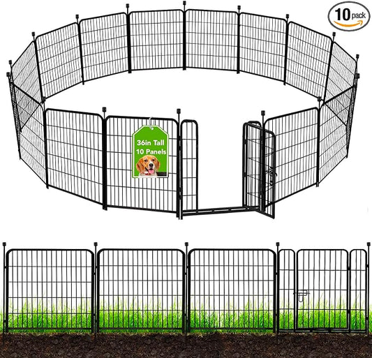 ADAVIN Metal Garden Fence with Gate, 36 in(H) 10 Panels Heavy Duty Iron Animal Barrier Fence, Indoor or Outdoor Dog Playpen, Portable Fencing, No Dig Garden Border Fencing for Yard. Total 22.1 FT(L)