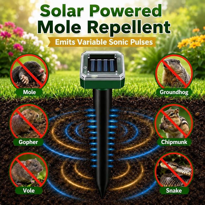 Ultrasonic Solar Mole Repeller – Long-Lasting Outdoor Rodent Deterrent for Yard Flower Beds Garage, Effectively Repels Moles Gophers Voles Shrews-10Pack