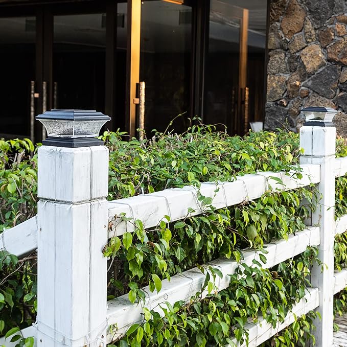 HUYIENO Solar Post Cap Lights - Outdoor LED Deck Fence Cap Light with 9 Light Modes, Bright White & 7 Color Fixed/Cycling Modes, Suitable for 4x4 & 5x5 Wooden Posts - Black, 2pk