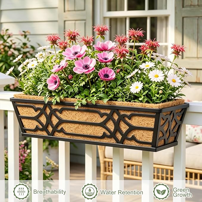 4 Pack 24 Inch Window Boxes Planters with PET Tray and Coco Liner, Metal Railing Planter Boxes for Outdoor Plants, Heavy Duty Hanging Garden Trough for Porch Deck Railing and Backyard Fence