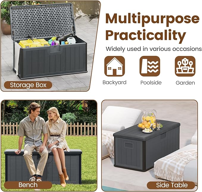 Giantex 100 Gallon Deck Box, Waterproof Resin Box with Lockable Lid, 440Lbs Outdoor HDPE Storage Container Bench for Patio Furniture Cushions, Pool Tools & Garden Accessories (Grey)