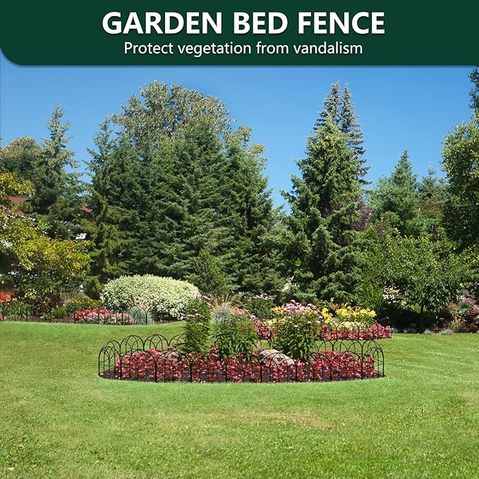 Small Decorative Garden Fence, 10 Panels, 16.53 in H x 10.5 ft L, No Dig Black Metal Border Edging for Flower Beds, Yard and Patio, Rabbit and Small Dog Barrier