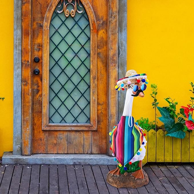 4 Pcs/Set Mexican Porch Goose Outfits, 23"/ 17" Lawn Goose Statue Clothes Costume for Cinco De Mayo, Garden Goose Clothes Mexican Sombrero with Bandana Scarf Beard Glasses for Patio Yard Decoration