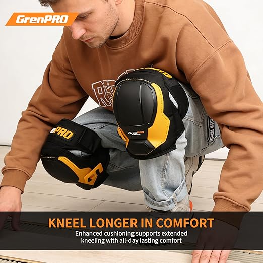 GRENPRO Black Knee Pads for Work - Heavy Duty EVA & Gel Support for Construction, Flooring, Gardening and Cleaning