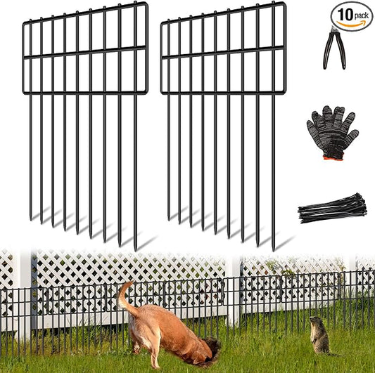 10 Panels Garden Fencing Animal Barrier, 17in (H) X 10.8ft (L) Dog Dig Fence Barrier, 1.25in Gap Rustproof Metal Stakes Decorative Garden Fence, Ground Defense Border Fence for Outdoor, Yard, Patio
