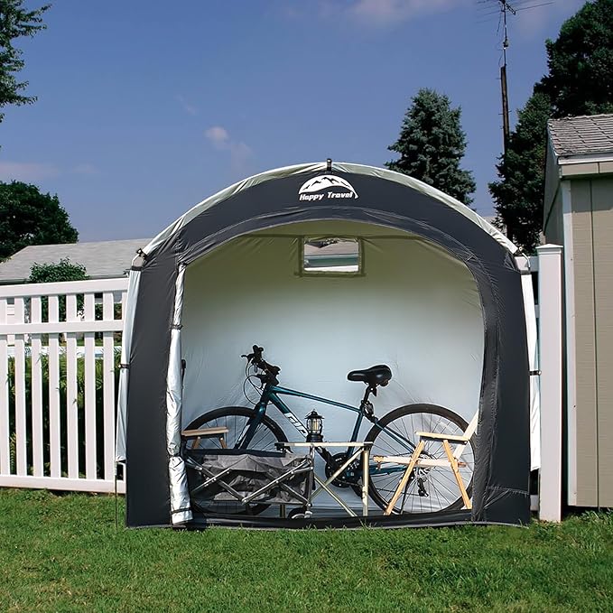 Happy Travel Bike Storage Shed Tent, Waterproof Portable Bicycle Cover with 30% More Top Storage Space for 2/3/4/5 Bikes,Clips Easy Setup Outdoor Sheds Shelter for Motorcycle, Garden Tools, Lawn Mower