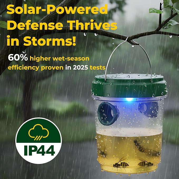 Wasp Trap Outdoor Hanging 4 Pack, Solar Powered Reusable Wasp & Yellow Jacket Trap with LED Light, Carpenter Bee Catcher for Patio, Backyard & Garden