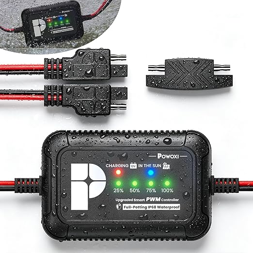 POWOXI Upgraded 12V 8 amp Solar Charge Controller - IP68 Waterproof PWM Solar Charge Regulator for LiFePO4 AGM Gel Lead-Acid Batteries - Inline Battery Maintainer for RV Boat Car Trailer Truck