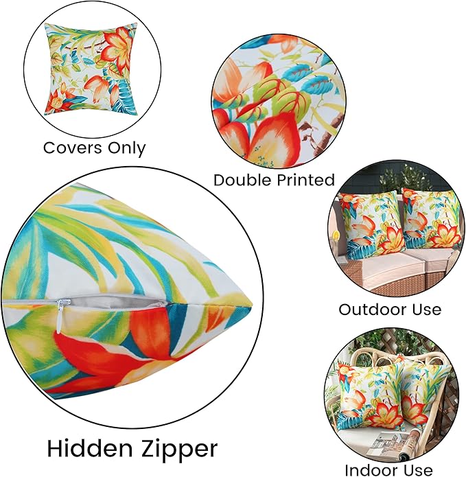 Merrycolor Pack of 2 Outdoor Pillow Covers 18x18 Waterproof Decorative Floral Square Pillowcase Cushion Cases Outdoor Pillows for Patio Furniture Garden Balcony Couch