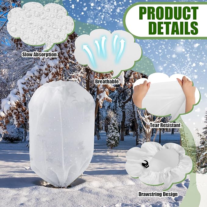 SATINIOR 16 Pcs 47 x 71 Inch Plant Covers Freeze Protection, Reusable Plant Protector Frost Cloth Warm Blankets, Winter Bush Tree Cover with Drawstring Outdoor (White)