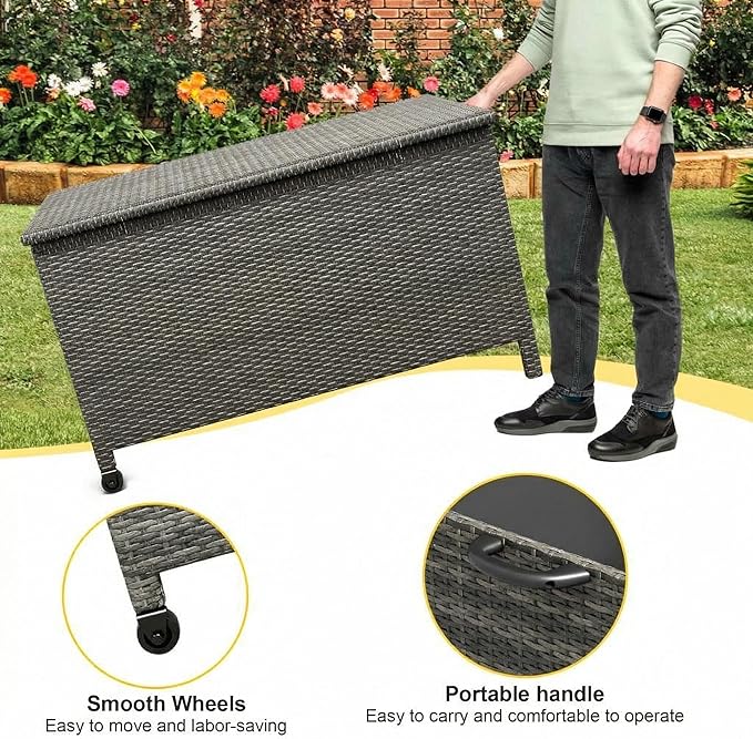 Wicker Deck Box, 125 Gallon All-Weather Outdoor Storage Box, Rattan Storage Bin for Patio Furniture, Outdoor Cushions, Pool Storage and Garden Tools, Grey