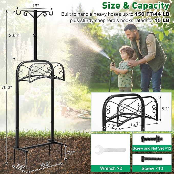 Gtongoko Garden Hose Holder for Outside 70 In With 4 Prongs Base & 2 Shepherds Hook Detachable Metal Water Hose Holder Freestanding Heavy Duty Organizer Holds 150FT Stand Hanger for Outdoor Black