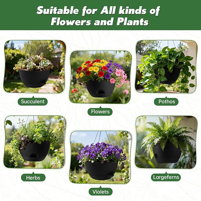 4-Piece Set of 8-Inch Hanging Planters with Automatic Watering System and Drip Tray, Includes Metal Chain, Suitable for Various Indoor and Outdoor Plants and Flowers,Black