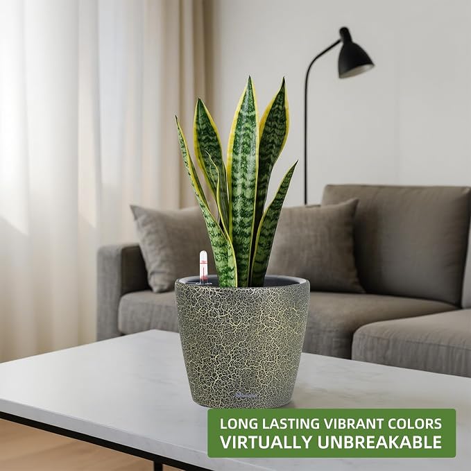 Dexceder 9x8 Self Watering Planter (Black Gold Crackle) | Inner Pot Design, Thickened Table Flower Plant Pot with Water Level Indicator Indoor Outdoor