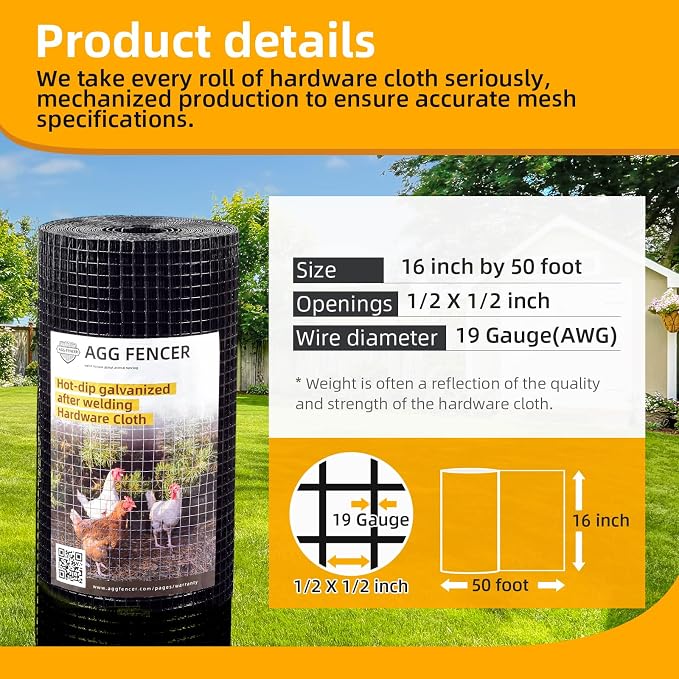 16in x 50ft Black Hardware Cloth 1/2 inch 19Ga PVC Coated Wire Mesh Vinyl Coated Fence, Welded Metal Chicken Wire Fencing Roll, Garden Plant Fencing, for Chicken Coop and Home Improvement