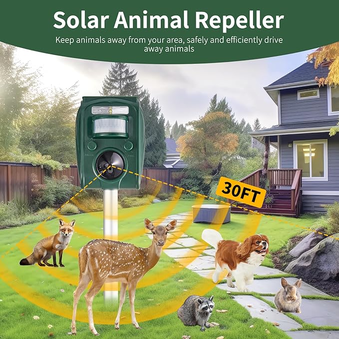 Upgraded Solar Ultrasonic Squirrel Deer Repellent Devices Motion Detection 5 Adjustable Modes, Cat Raccoon Rabbit Dog Deterrent, Animal Repellent with Waterproof for Yard, 2P Dark Green