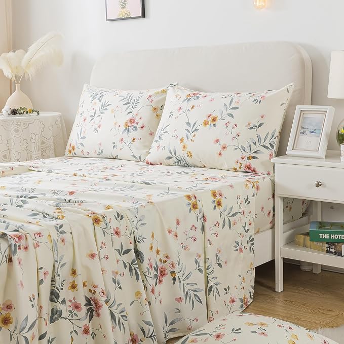 FADFAY Floral Sheets Set Cal King Vintage Pink Floral Bedding Shabby Beige Sheets Rustic Farmhouse Bedding 800 Thread Count 100% Egyptian Cotton Deep Pocket Fitted Sheet 4Pcs, California King Size