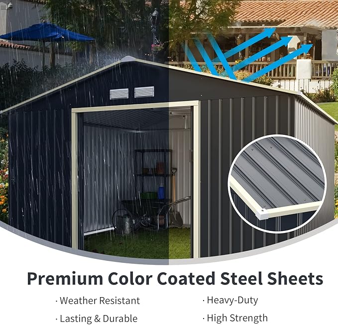 Goplus Outdoor Storage Shed, 11' X 10' Metal Garden Shed with 4 Vents & Double Sliding Door, Utility Tool Shed Storage House for Backyard, Patio, Lawn