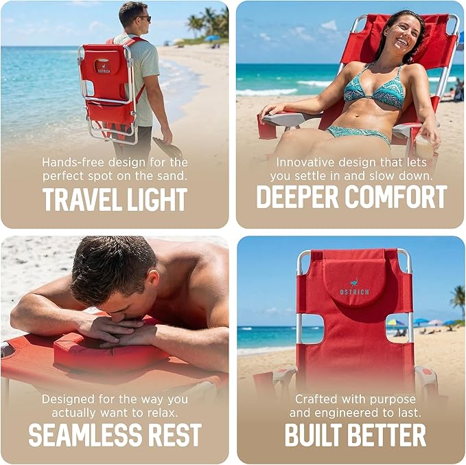 Ostrich the Backpack 3N1 Portable Chair with Cooler Bag and Reclining Lounger for Tanning, Camping, Beach, and Outdoor Essential, Red