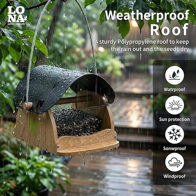 LONA Wooden Bird Feeder for Outdoors Hanging, Large Capacity Hopper with Weatherproof Roof Birdfeeder for Feeding Outside Garden Wild Birds Cardinals Finches Robin Sparrow Blue Jay Chickadees