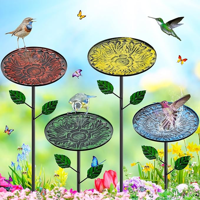 4 Pack Metal Bird Bath for Outside, Small Hummingbird Bath Bowl with Metal Stakes, Detachable Birdfeeder Birdbath Garden Decor for Outdoor Yard Lawn