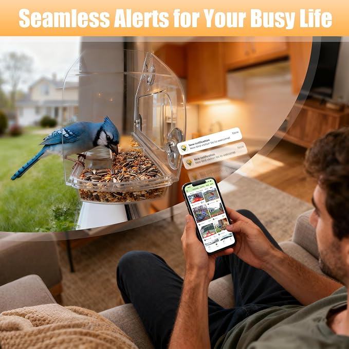 Smart Window Bird Feeder with 2K Camera & AI Identification, Strong Suction Cup Mount, All-Weather Design, Real-Time Alerts, Easy to Install, for Apartments & Homes, Perfect for Bird Lovers