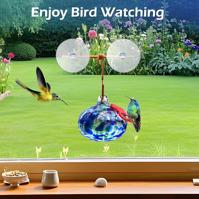 Window Hummingbird Feeder with Suction Cups,Hand-Blown Glass Hummingbird Feeders for Outdoors Window Mounted with Metal Hook,Close Bird Watching,Finch in Garden,Yard(Dotted Blue)