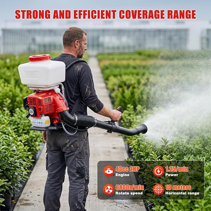 43cc 2HP Backpack Gas Powered Sprayer & Duster, 3.7 Gallon Tank for Farm Orchard Mosquito Control, Adjustable Spray & Powder Modes, Heavy Duty Shoulder Straps Long-Lasting Rustproof Build Red