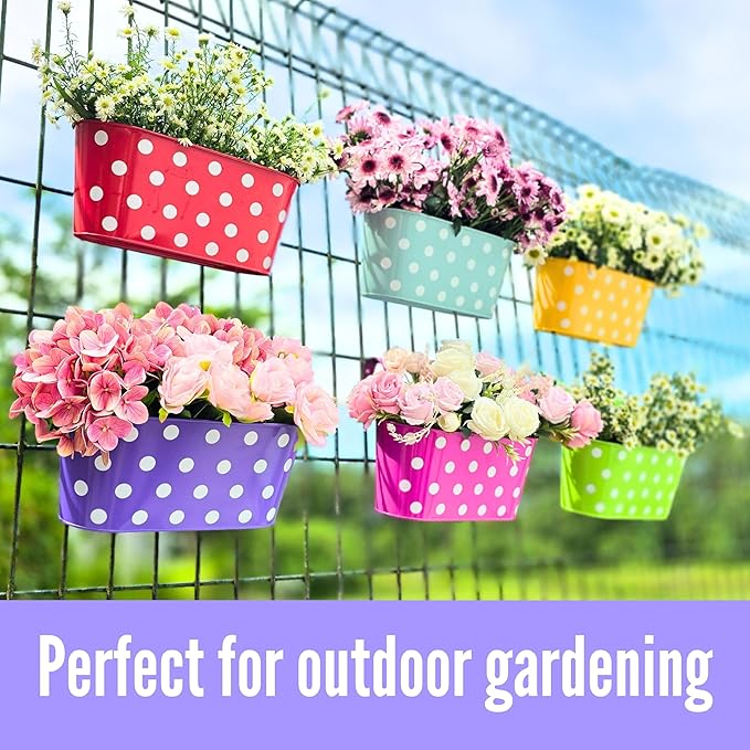 LaLaGreen Rail Planter Outdoor Plants (17 Inch, 6 Pack) Medium Colorful Metal Planters Iron Hanging Flower Pots Balcony Box Plant Holder Deck Railing Fence Herbs Garden Modern Porch Home Decor