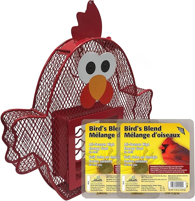 Heath Whimsical Chicken Suet 'n Seed Bird Feeder for Sunflower Seeds with 2 Free Bird's Blend Suet Cakes Included, Red