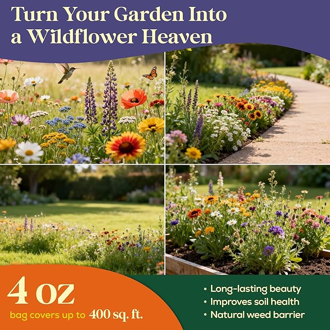 Seedphony 23 Wildflower Hummingbird & Butterfly Mix 4 oz - 100,000 Non-GMO Heirloom Wildflower Seeds for Planting Garden, Perennial Flowers to Attract Bees, Butterflies & Birds in Waterproof Packet