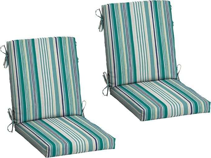 Arden 2-Pack Outdoor Patio Dining Chair Cushion, 20x44, Rain-Proof Seat Pad, Fade-Resistant Outdoor Cushion Teal Cobalt Stripe