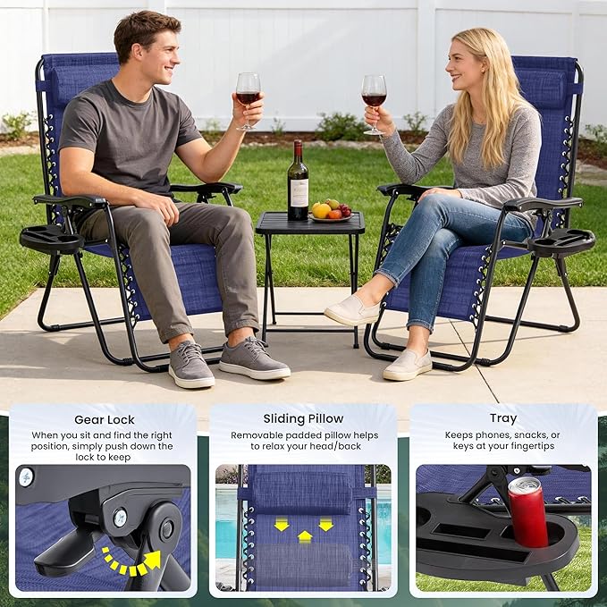 Zero Gravity Chair Set of 4 Oversized Folding Recliner, Padded Anti Gravity Lounge Chair with Adjustable Pillow & Cup Holder for Outdoor Camping, Patio, Poolside, Lawn (Blue)