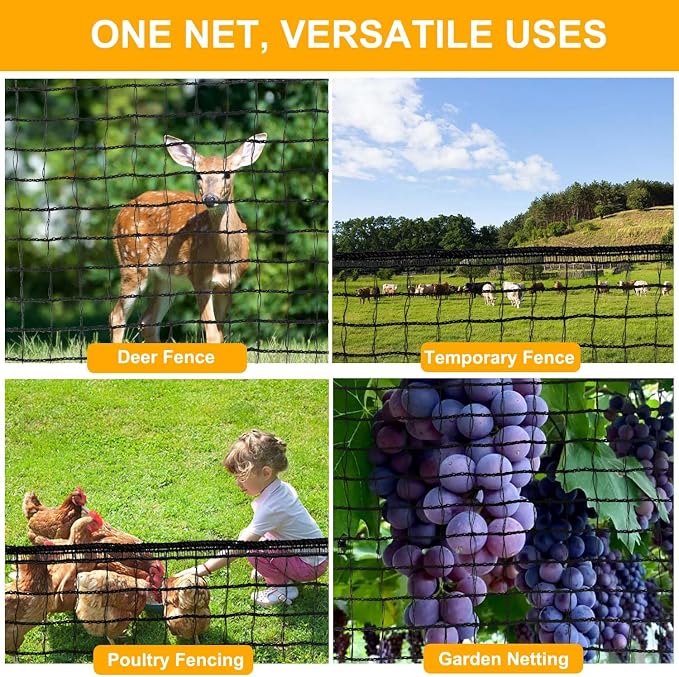 Deer Fence Netting, Plastic Mesh Fence 7x50ft - 55gsm Heavy Duty Black Plastic Deer Fencing Temporary Garden Fence Netting for Yard Protection from Deer Dog Chicken Critter Barrier - Reinforced Edge