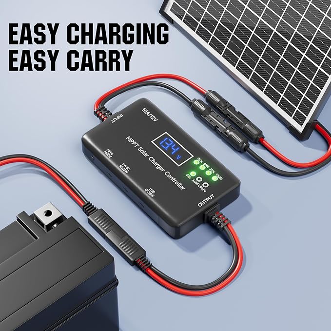 MPPT Solar Charge Controller 12V 10A, Solar Panel Charge Controller with Type-C and USB Output for Solar Panel and Gel, AGM, LiFePO₄ Battery