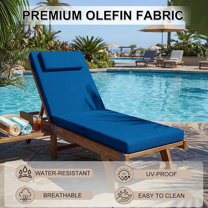 Outdoor Chaise Lounge Cushions, 72x21 Inch Olefin Water & Fade Resistant Pool Lounge Chair Cushions, Patio Sun Lounger Pad with Pillow & Straps for Patio, Pool, Deck, Lawn, Dark Blue