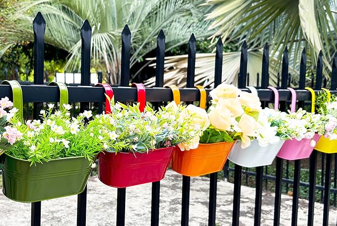 12" Balcony Railing Planters, Outdoor Hanging Planter for Fence, Stylish Metal Porch Deck Flower Pot for Herbs & Succulents (11.8", Pack of 6)