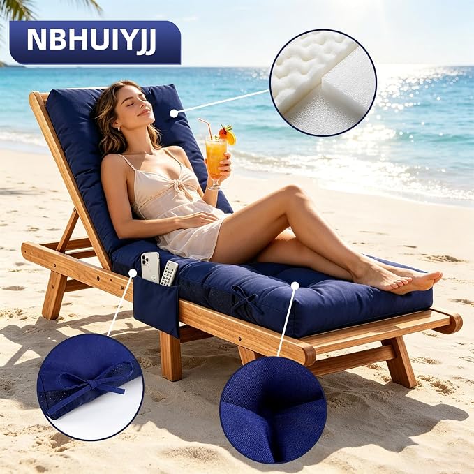 Patio Chaise Lounge Cushions, 68"x21"x4.5" Waterproof Replacement Beach Pool Lawn Outdoor Lounge Chair Cushion with Pocket, Non-Slip Bottom & Secure Ties for Outdoor Furniture, Dark Blue