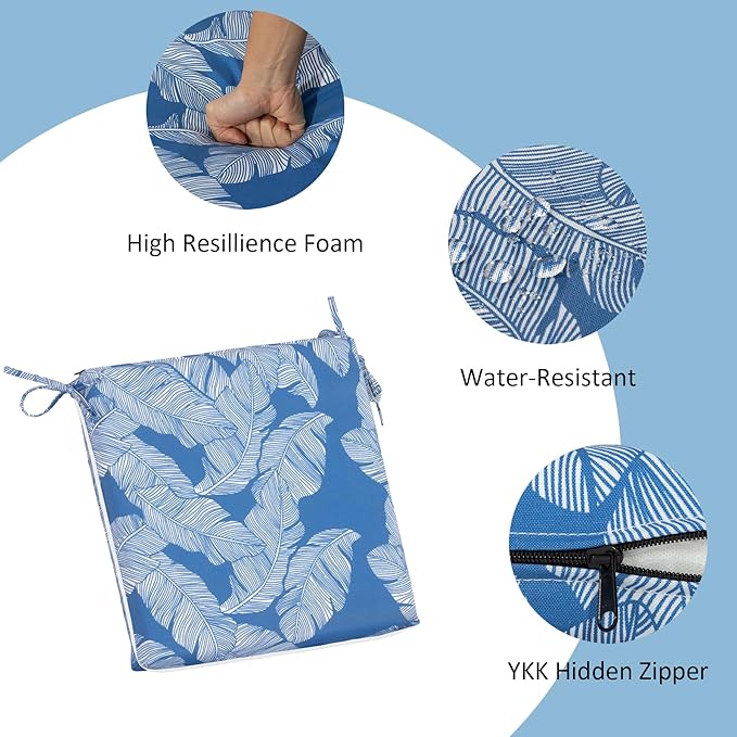 COZYVIDA Outdoor Chair Cushions Set of 4, 20"x20" Square Seat Pads with Tie Straps and YKK Zippers, 30D High-Density Foam, Water-Resistant Fabric,UV-Resistant 1000+ Hrs