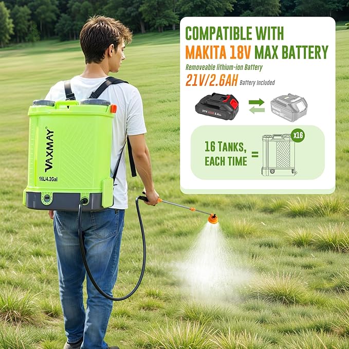 Battery Powered Backpack Sprayer 4 Gallon, VAXMAY 100 PSI Electric Garden Sprayer Works with Makita 18V Battery, Weed Yard Sprayer with Telescopic Wand, 5 Nozzles, 2.6 Ah Battery & Charger Included
