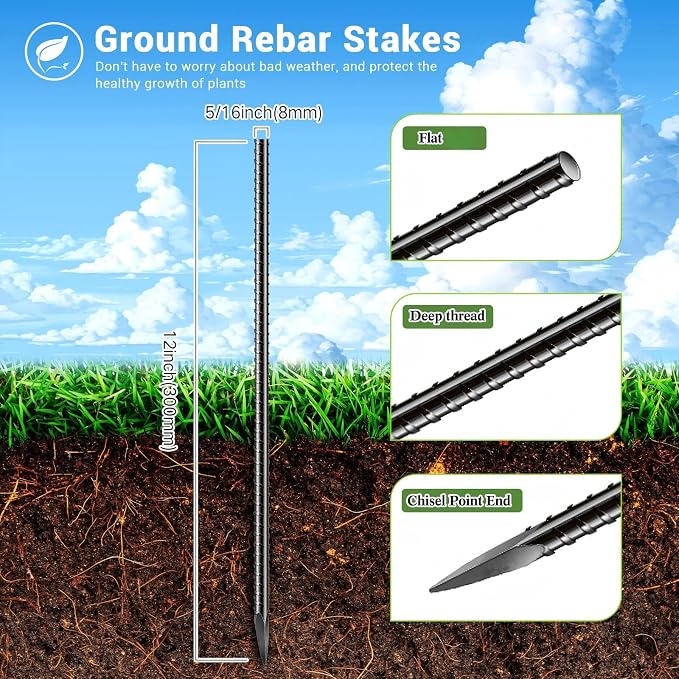 Jetec 24 Pcs 12 Inch Black Ground Rebar Stakes Heavy Duty Ground Anchors Steel Plant Support Garden Stake Long Straight Metal Spikes with Chisel Point End for Garden Concrete Plant Tent