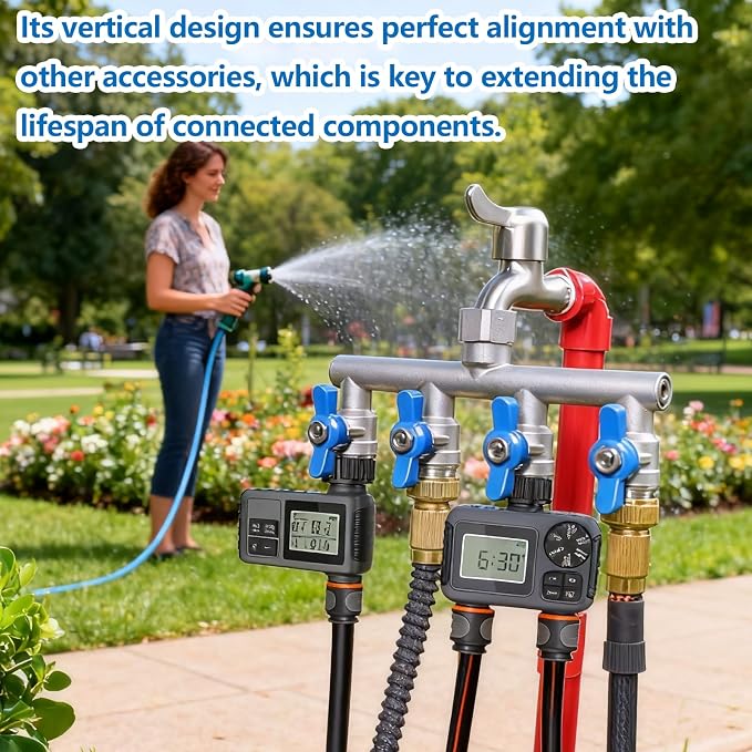 304 Stainless Steel Garden Hose Splitter 4 Way Heavy Duty, Full Flow T Valve Water Hose Splitter With 2.1" Extra Long Handle, Lead-free，3/4" GHT Thread Connector For Outdoor Spigot Faucet