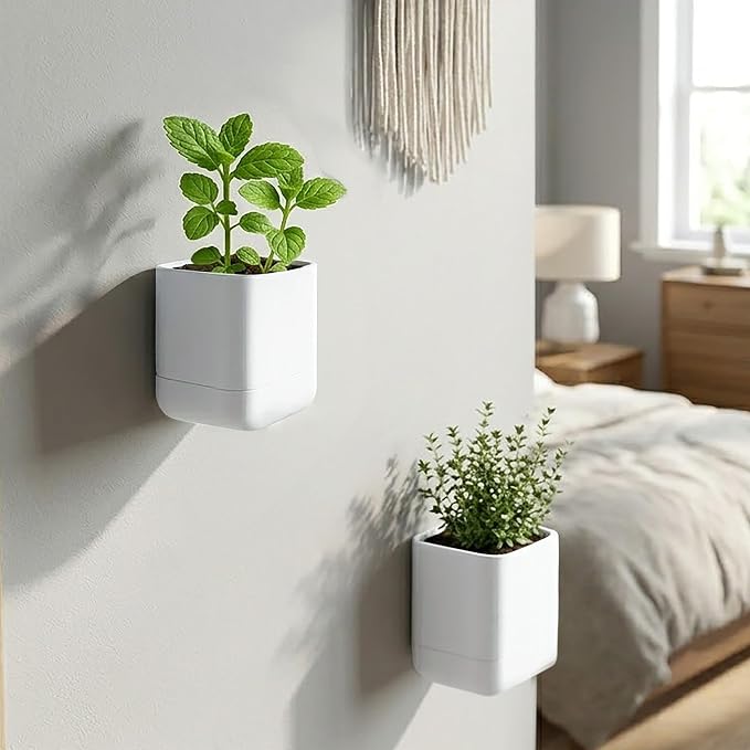 Phoenix Vine 3.5 Inch Wall Mounted Self-Watering Planter Pot for Indoor Houseplants and Herbs | Hanging Planter for Window Sills, Bathroom Walls, Home & Office Décor, White, Set of 4, 01-A-D-4