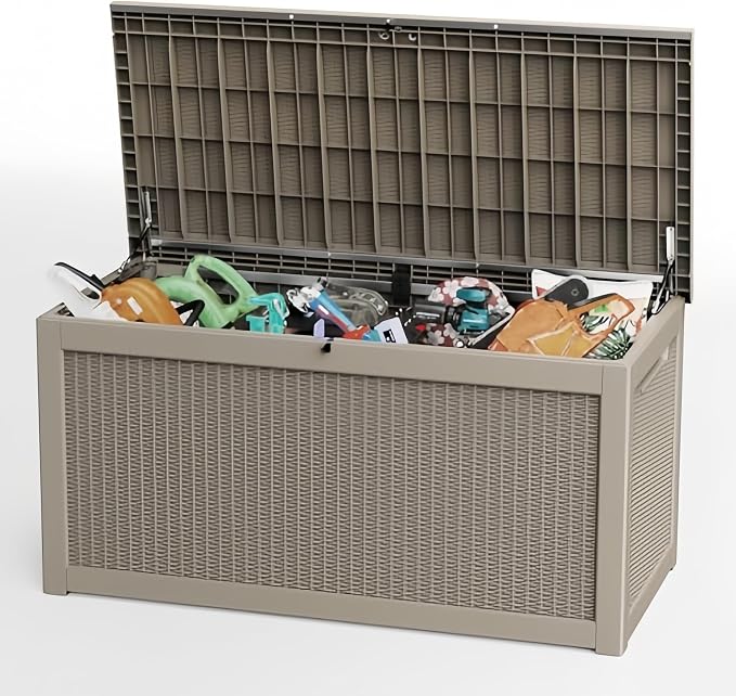 260 Gallon Deck Box, Waterproof Resin Outdoor Storage Box with Lockable Lid, Patio Storage Box with Fade Resistant for Patio Furniture Cushions, Pool Accessories, Garden Tools, Light Coffee