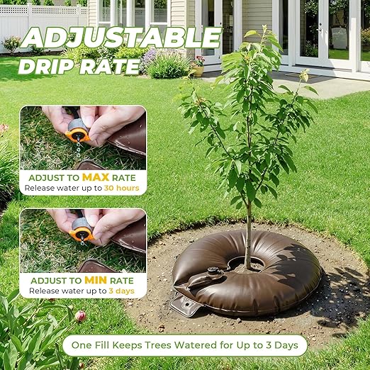 HIRALIY 10 Gallon Tree Watering Bag, 4 Pack Watering Ring, Slow Release 1-3 Days, Deep Root & Automatic Drip Irrigation System, for Multi-Trunk Newly Planted Small Trees and Shrubs