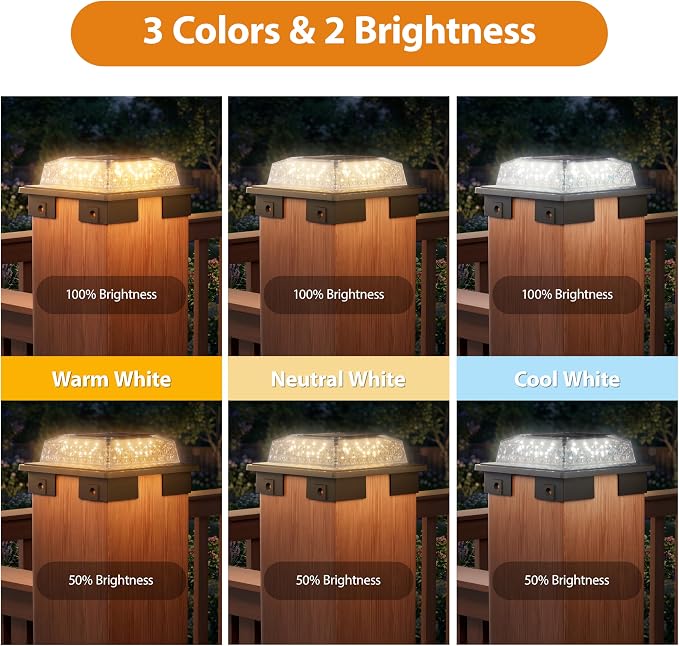 APONUO Solar Post Cap Lights, 3 Color Modes & 2 Brightness, Adjustable Base Fits 4x4 5x5 6x6 Posts (3.5-5.5 Inch), IP65 Waterproof, Deck & Fence Post Lights Solar Powered with Screws, Black, 6 Pack