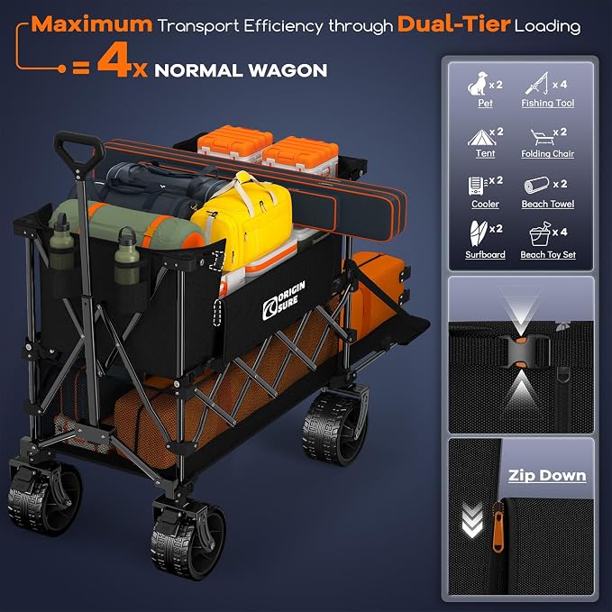 Originsure 400L Double Decker Wagon Collapsible with 54" L Tailgate, 560lbs Heavy Duty Carts Foldable, Extra Large Folding Beach Wagon with Big All-Terrain Wheels for Camping, Sports, Groceries, Black